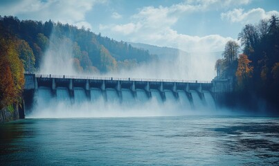 Fototapeta premium Dam releasing water, autumn forest backdrop, hydroelectric power generation