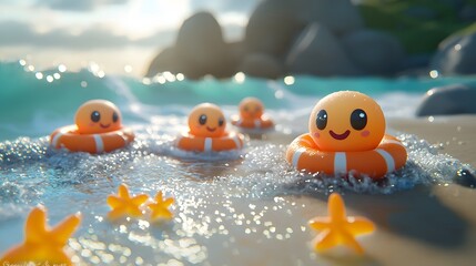 Children shuttle and play with lifebuoys on the beach