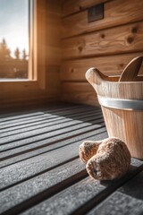 Wooden sauna bucket and  bath accessories in a relaxing spa setting.