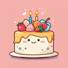 Kawaii Fruit Cake Vector Illustration - Cute Cartoon Icon with Smiling Face and Candles