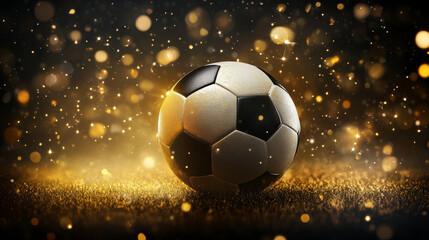 Fototapeta premium Classic black and white soccer ball on glittering golden surface with glowing light bokeh, symbolizing football victory, championship celebration, and sports achievement