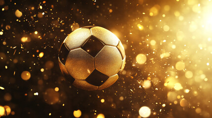 Fototapeta premium Classic black and white soccer ball on glittering golden surface with glowing light bokeh, symbolizing football victory, championship celebration, and sports achievement