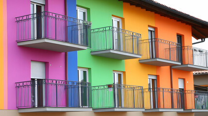 Vibrant Rainbow Building, Balconies with Metal Railings Adorn Each Colorful Apartment Joyfully.