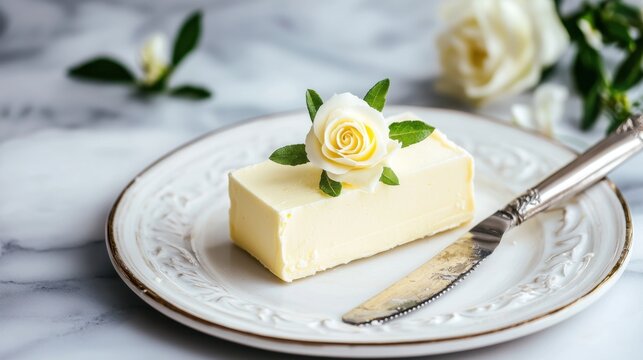 Elegant Butter Block Decorated with White Rose and Mint Leaves on a Decorative Plate with Antique Knife in Soft Focus Setting