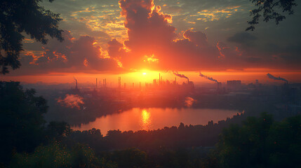 Fototapeta premium Sunset Industrial Landscape: A dramatic, breathtaking vista of an industrial landscape at sunset, with the setting sun casting a warm, golden glow over factories, smokestacks.