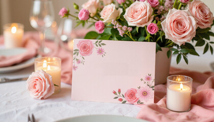 Elegant floral invitation card on romantic candlelit table, party, invitation, bachelorette party invitation, wedding, anniversary, background, copy space