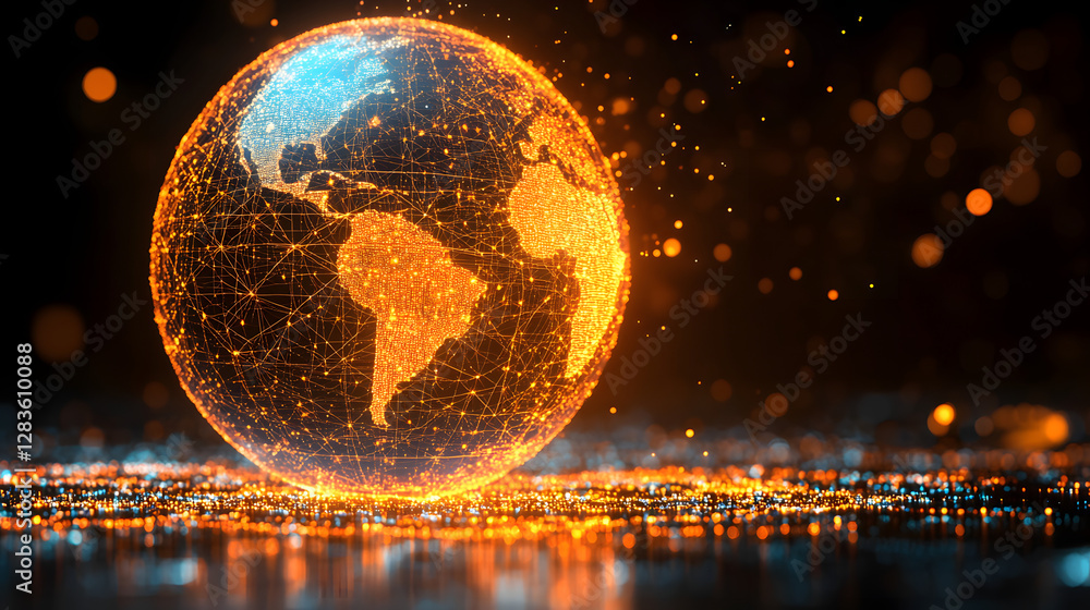 Poster global network: a glowing digital representation of the earth, showcasing interconnected networks an
