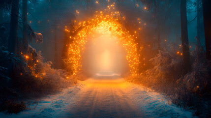Fototapeta premium Enchanted Portal: A radiant portal of golden light beckons through a mystical forest, its inviting glow contrasting with the cool hues of the snow-covered landscape.