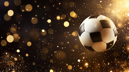 Naklejka premium Classic black and white soccer ball on glittering golden surface with glowing light bokeh, symbolizing football victory, championship celebration, and sports achievement