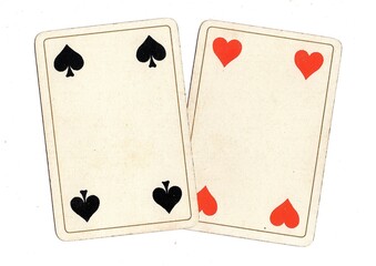 A pair of antique playing cards of the same value on a white background.