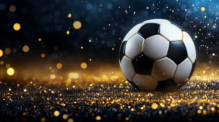 Fototapeta premium Classic black and white soccer ball on glittering golden surface with glowing light bokeh, symbolizing football victory, championship celebration, and sports achievement