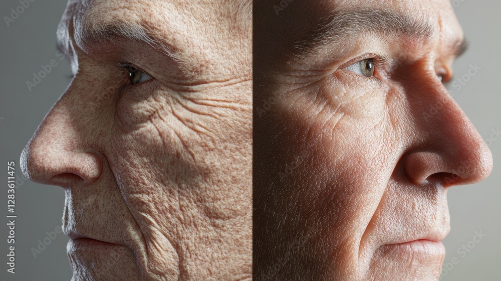 Aufkleber transformation of age depicted through split face showing wrinkles and youthful skin. generative ai