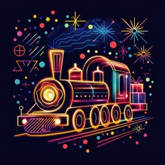 Neon Dream Express: A vibrantly illuminated neon train, complete with carriages and whimsical details, travels a track set against a night sky, evoking feelings of wonder and joy. 