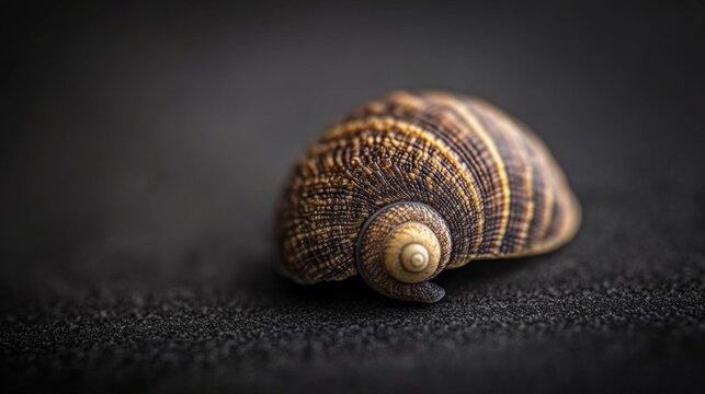 Close-up of a spiral seashell on a dark surface.  Intricate details and earthy tones.