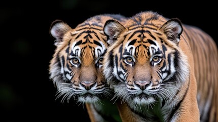 Obraz premium Two majestic tigers facing forward, dark background, wildlife conservation