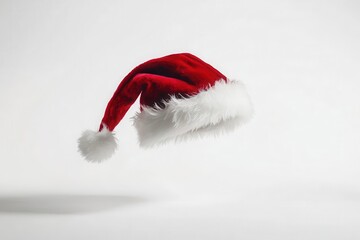 festive red velvet santa hat with white fur trim floating ethereally against pure white background soft shadows studio lighting commercial photography
