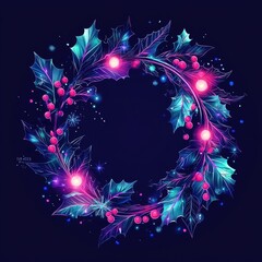 Neon Holly Wreath: A vibrant, neon-lit holly wreath glows with pink and blue light, adorned with glistening berries and snowflakes, perfect for festive digital designs or holiday greetings.