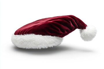festive red velvet santa hat with white fur trim floating ethereally against pure white background soft shadows studio lighting commercial photography
