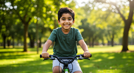 Obraz premium A cheerful young boy riding a bicycle in a sunny park, surrounded by green trees and grass. He is smiling at the camera, enjoying a beautiful day outdoors.