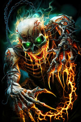 Monstrous demon emerges, a horror creature in dark fantasy. Grotesque Demon Overlord in Twisted Skeletal Frame with Fiery Elements