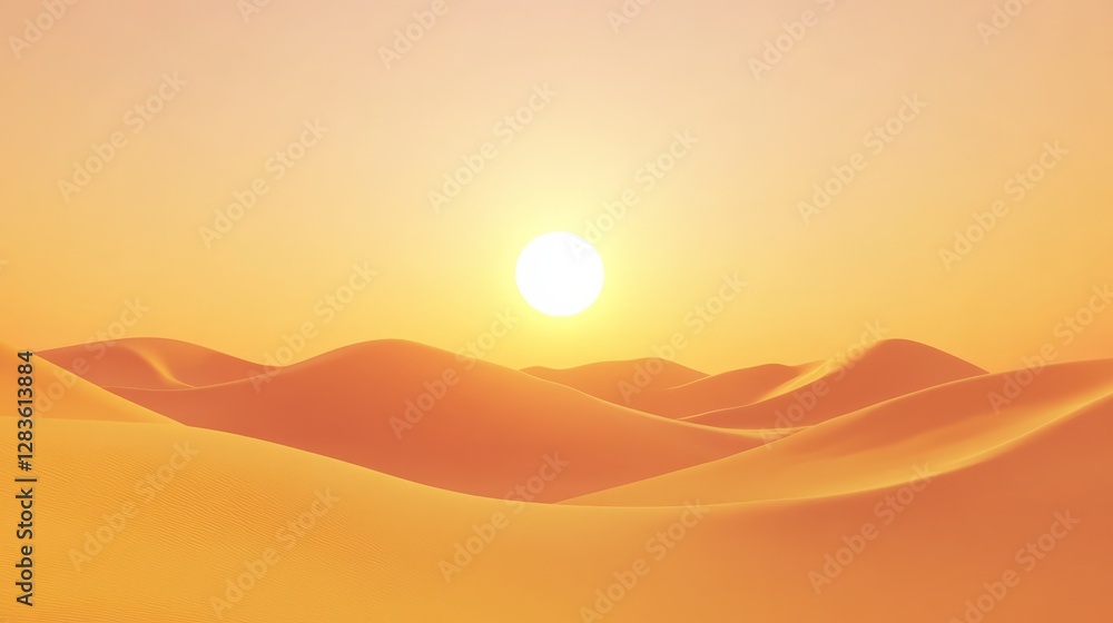 Aufkleber Rolling sand dunes create a mesmerizing pattern under a vibrant setting sun, casting long shadows and painting the desert landscape in warm, golden hues