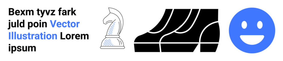 Fototapeta premium Black and white chess knight, bold geometric patterns, and blue smiling face icon. Ideal for strategy, design thinking, abstract art, creativity, emotions, user interface flat landing page banner