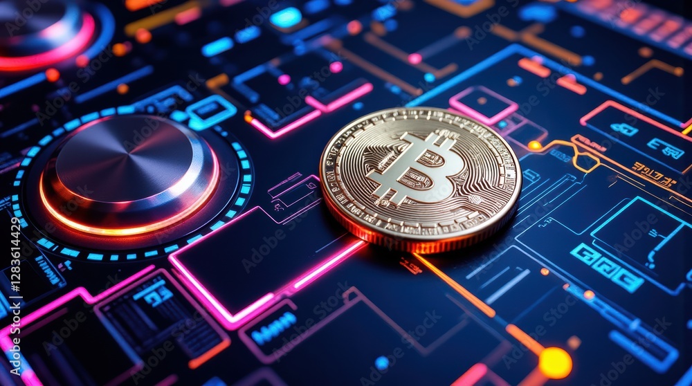 Poster exploring the intersection of cryptocurrency and technology through a stunning bitcoin representatio