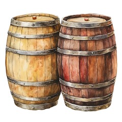 Obraz premium Three Watercolor Barrels on Wooden Wine