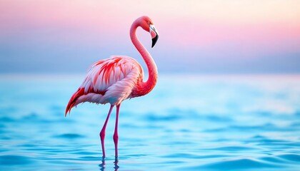 Fototapeta premium Flamingo Standing Calmly in Blue Water at Sunrise - Wildlife Scene