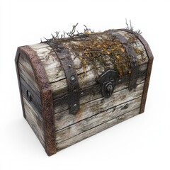 A wooden box that looks like a treasure chest covered in algae. The whole box is made of wood, as if it had just been pulled out of the water