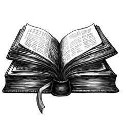 Detailed Antique Book Illustration with Open Pages and Visible Handwritten Text