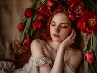portrait of a beautiful red-haired girl with red tulips in artistic style