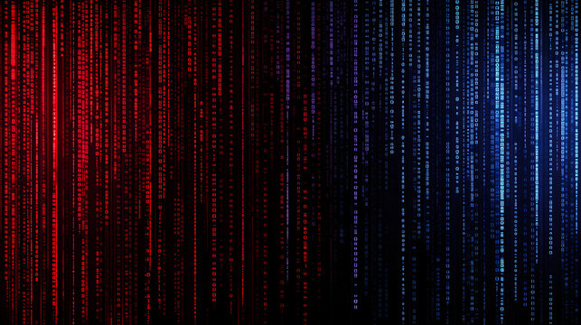 Abstract digital art with red and blue binary code cascading down.