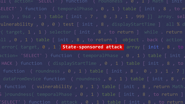 Cyber attack state-sponsored attack text in foreground screen of code editor developer studio point of vue. Vulnerability text in binary system ascii. Text in English, English text