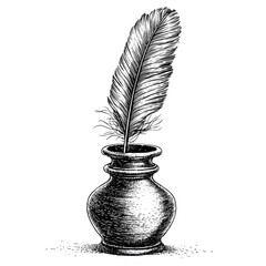 Vintage Ink Pot with Quill Feather in Artistic Black and White Style for Creative Design Projects