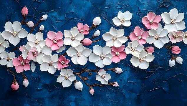 3D oil painting of cherry blossoms on dark blue background, pink and white flowers, floral art, elegant, fantasy