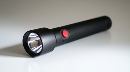 A black flashlight featuring a red button, resting on a smooth white surface