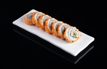 Delicious sushi rolls arranged neatly on white plate, showcasing vibrant colors and textures. Perfect for food lovers and culinary enthusiasts
