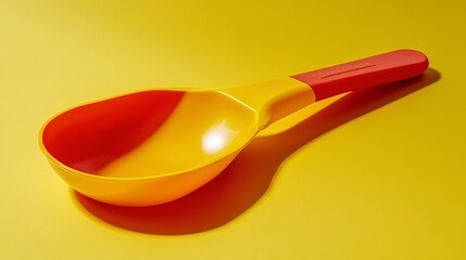A brightly colored plastic scoop in shades of yellow and red, featuring an ergonomic handle, set against a plain backdrop