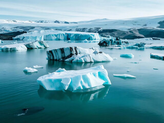 Large Chunks of Ice Float in Brown Glacier Lagoon in Iceland Global Warming And Climate Change Clear Blue Icebergs Forming from a Melting Glacier Arctic Landscape.