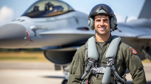 Fighter jet pilot wearing a helmet and flight suit