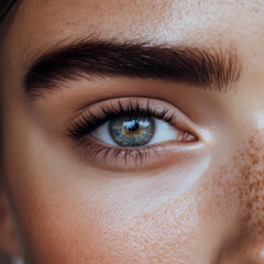 Obraz premium Close-up view of a striking blue-green eye showcasing detailed eyelashes and brows with a natural glow