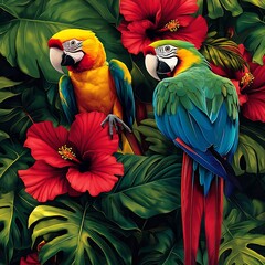 Fototapeta premium Vibrant Tropical Parrots Amidst Hibiscus and Lush Foliage