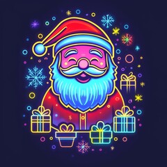 Fototapeta premium Santa's Festive Glow: Santa Claus, adorned in a vibrant, neon-style aesthetic, radiates festive cheer amidst a galaxy of shimmering snowflakes and neatly wrapped gifts.