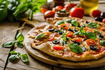 Pizza Ortolana, Vegetarian Italian Pizza with Grilled Vegetables, Mozzarella Cheese, Tomato Sauce, and Fresh Herbs, Delicious Pizza Isolated on Background with Copy Space.