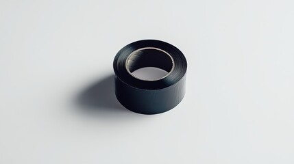 A roll of black adhesive tape placed on a white background, a simple yet indispensable tool.