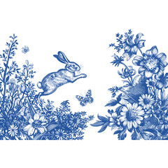 Rabbit jumping with flowers and butterfly drawing vintage blue vector