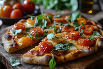 Pizza Ortolana, Vegetarian Italian Pizza with Grilled Vegetables, Mozzarella Cheese, Tomato Sauce, and Fresh Herbs, Delicious Pizza Isolated on Background with Copy Space.