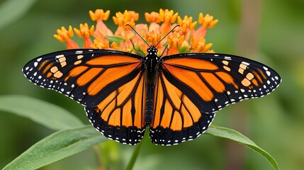 Naklejka premium Stunning Monarch Butterfly Displaying Vibrant Orange and Black Colors on Blooming Flower in Nature