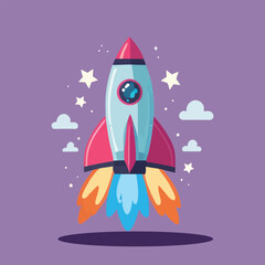 Colorful Cartoon Rocket Launching into Space with Stars and Clouds illustration vector icon sticker